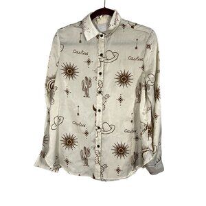 Retro Western Cowgirl Shirt Tan L Country Farm Classic Chic Concert Preppy 80s